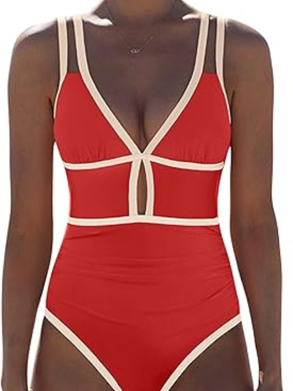 popvil Women One Piece Swimsuit Neon Color Block Brick Red, Medium